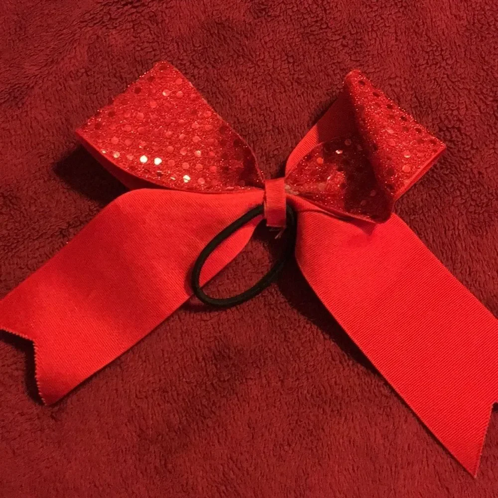 Red Sequin Hair Bow Ponytail. For pom, dance or cheer.